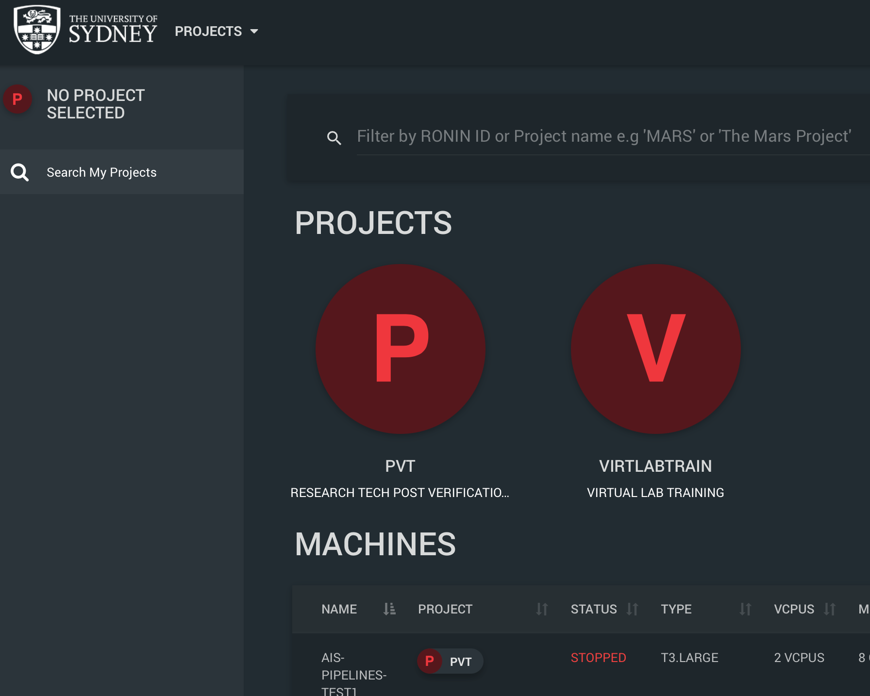 Ronin projects page